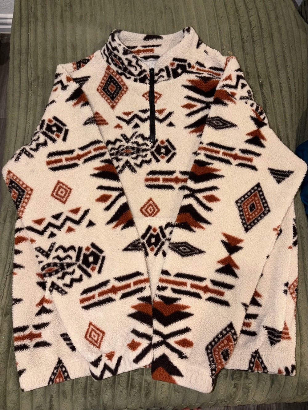 SHEIN Cream Aztec Sherpa Half-Zip Sweater with Rust & Black Accents